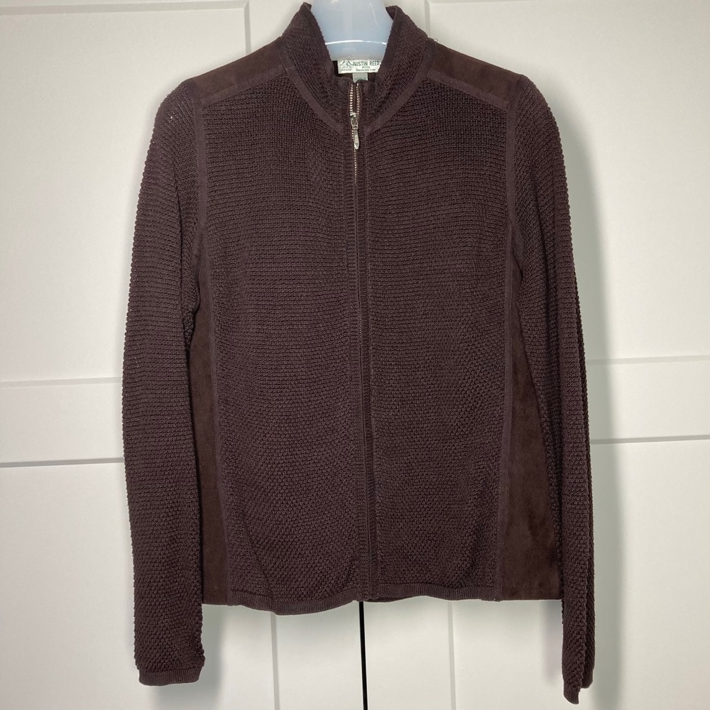 Austin Reed Vintage Waffle Weave Zip Front Cardigan Mock Neck Petite Bro…